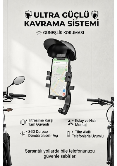 Şapka Korumalı Motosiklet Telefon Tutucu Gidon Ve Dikiz Aynası Uyumlu Siyah