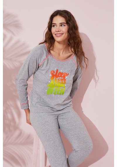 Siyah İnci Baskılı Pamuklu Örme Pijama Takım 24240139 Gri