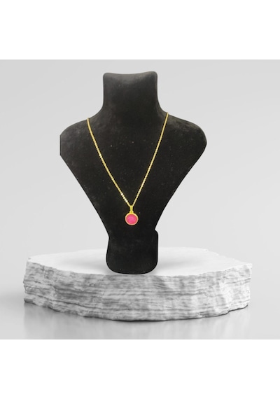 0031 Yuvarlak Pembe-mavi Doğal Taş Kolye Gold