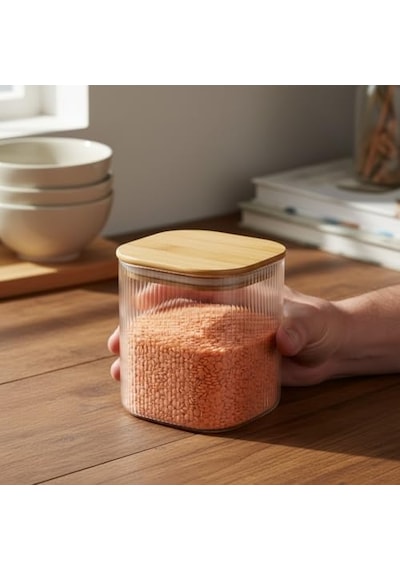 Bambu Kapaklı Kare Cam Saklama Kavanozu 10x10 Cm - Vakum Kapaklı Şeffaf Erzak Kabı Ve Mutfak Düzenleyici Organiza Diğer