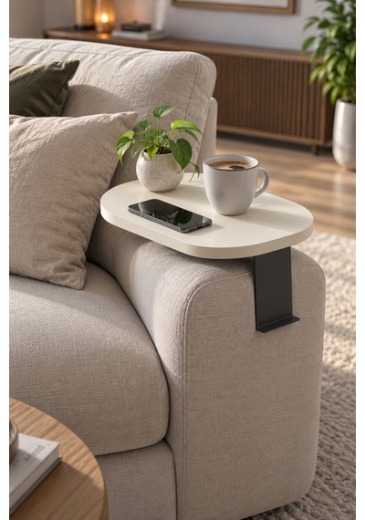 Sulorahome Ayarlanabilir C Sehpa Krem Bej Oval Koltuk Yan Sehpa Açık Bej
