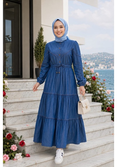 Hb Harma Time Butik Kadın Dantel Detaylı Düğmeli Ve Bağcıklı Kot Koyu Mavi Elbise