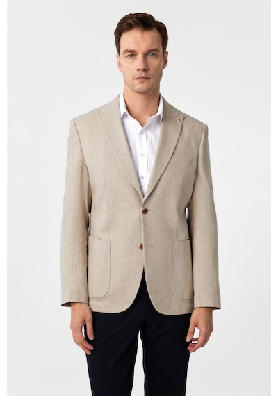 Süvari Bej Slim Fit Desenli Sivri Yaka 6 Drop Ceket