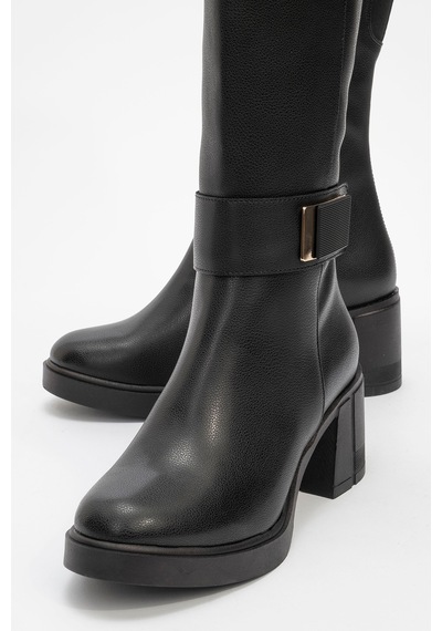 Luvishoes Luvi Shoes Moreni Siyah Cilt Streç Detaylı Tokalı Kadın Kalın Topuklu Çizme Siyah Mat