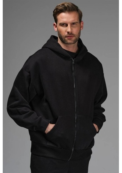 Tarzsokak Siyah Oversize 3 Iplik Kalın Içi Polarlı Fermuarlı 1.kalite Bol Kesim Düz Baskısız Sweatshirt