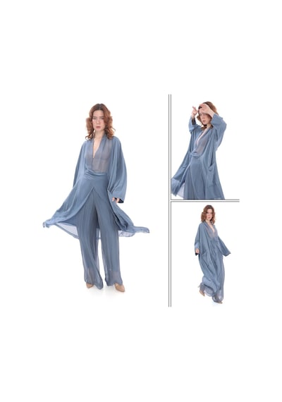 Bohem Stil Italyan Ipek Detaylı Oversize Kaftan & Bluz-8711 Buz Mavisi