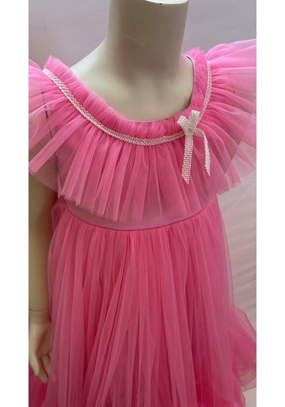 Porça Kız Çocuk Katlı Fırfırlı Uzun Abiye Elbise-8071-pembe Pembe