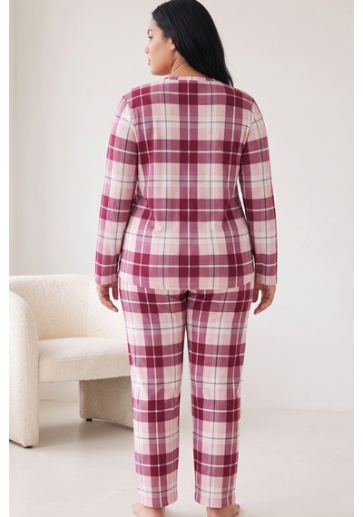 Siyah İnci Düğmeli Pamuklu Likralı Büyük Beden Battal Boy Örme Pijama Takım26240959 Vişne