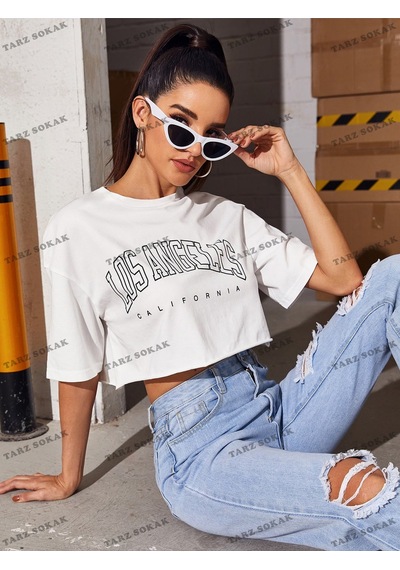 Flood Of Style Crop Ckod-232913 Mektup Grafikli Kısa Beyaz