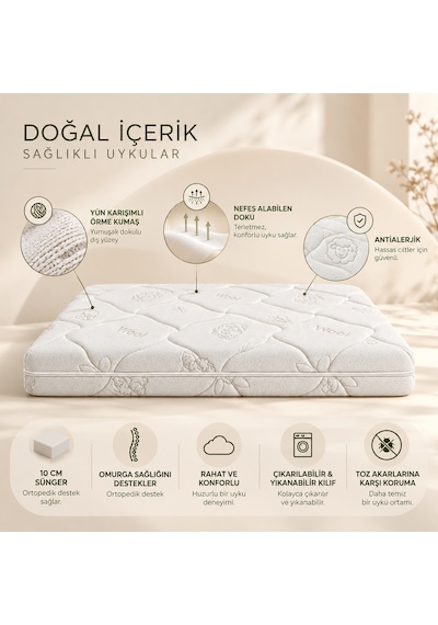 Garga Premium 10 CM Çocuk Yatağı Bebek Yatağı - Yünlü Ortopedik Park Yatak, Beşik & Anne Yanı Uyumlu 60 x 100