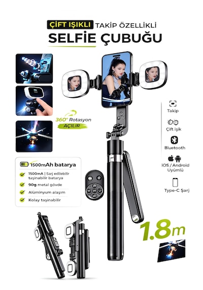 1500 Mah Led Işıklı 180 Cm Takip Özellikli Gimbal Tripod Selfie Çubuğu Bluetooth Kumandalı