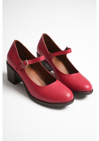 Analin Shoes Kadın Hakiki Deri Bantlı Topuklu Ayakkabı Kırmızı