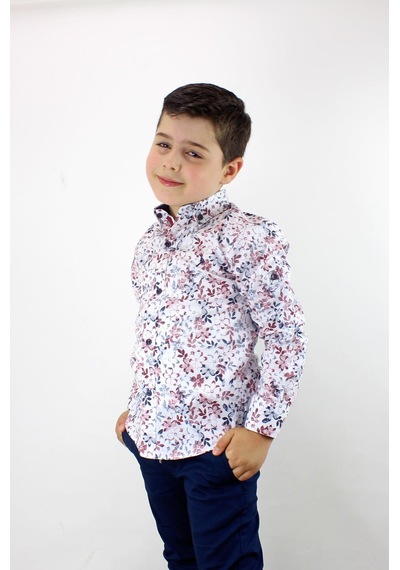 Doctor Junior Erkek Çocuk Katlanır Kollu Çiçekli Slim Fit Gömlek Bordo