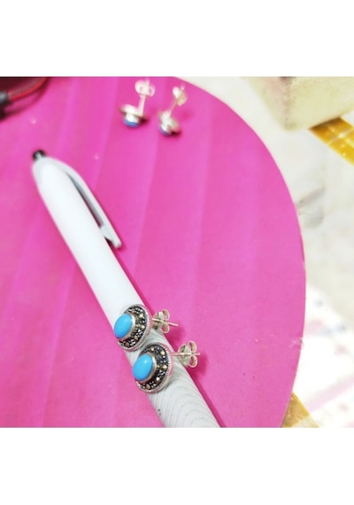 Oriental Kuyumculuk Jewellery Firuze Taşlı Markazit Gümüş Oval Küpe Mavi