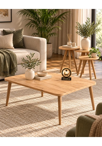 Odera Ceviz Torna Ayaklı Orta Sehpa Ve Yuvarlak Zigon Sehpa 4'lü Set İskandinav Modern Salon Sehpası Diğer