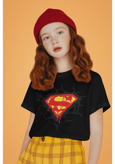 Sevbano Tasarım Süperman Baskılı Unisex Film Kahramanı Çocuk Tişört 1-12 SIYAH