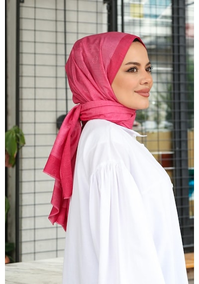 Premium Lux Original Monogram Şal İpek Vual, Yüksek Kalite, Hafif, Rahat, Şık, Tesettür, Shawl Fuşya