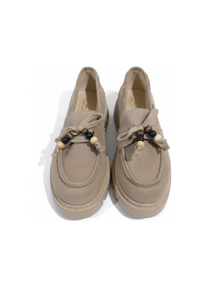 Efw Kadın Yüksek Kaymaz Taban Bej Süet Boncuklu Bağcıklı Loafer Oxford Ayakkabı