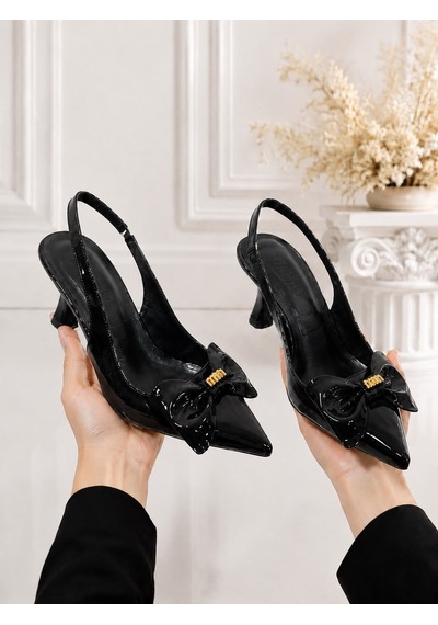 Dabab Shoes Kamıla Kadın Siyah Fiyonk Detaylı Rugan Sivri Burun Slingback 7 Cm İnce Topuklu Ayakkabı