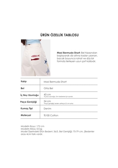 Itsbasic Kadın Kırık Beyaz 7s6-101 Palazzo Nakış Tasarım Bermuda Denim Jort