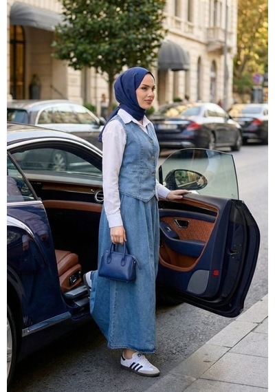 Hb Harma Time Butik Kadın Düğmeli Ve Cepli Kot Mavi Tunik Etek İkili Takım