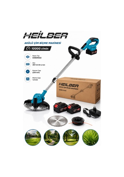 Heilber Ba011533 Akülü Çim Biçme Makinesi 36v Çift Akülü Kömürsüz Motor Misinalı Tırpan Ve Çelik Diskli Ot B