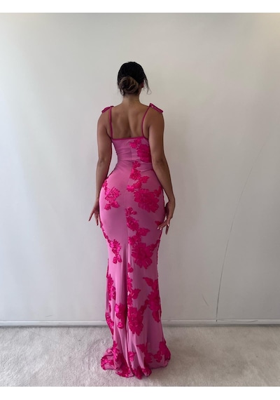 Pink Life Pembe Ayarlanabilir Askılı Çiçekli Astarlı Maksi Pembe