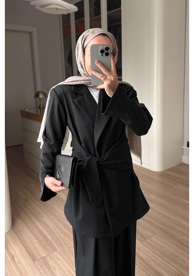 Ka Hijab Yandan Bağlamalı Ceket Takım - Siyah