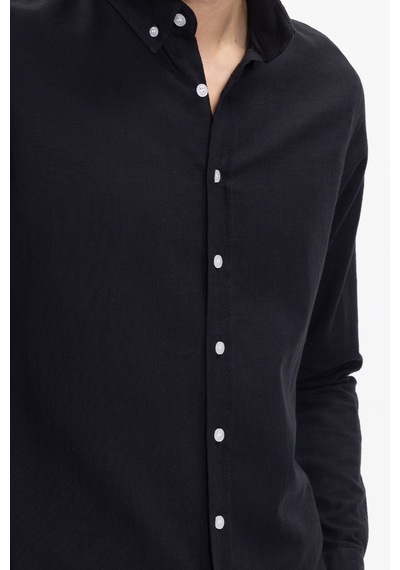 Tudors Erkek Slim Fit Dar Kesim %100 Pamuk Keten Doku Düğmeli Yaka Siyah Gömlek-26926