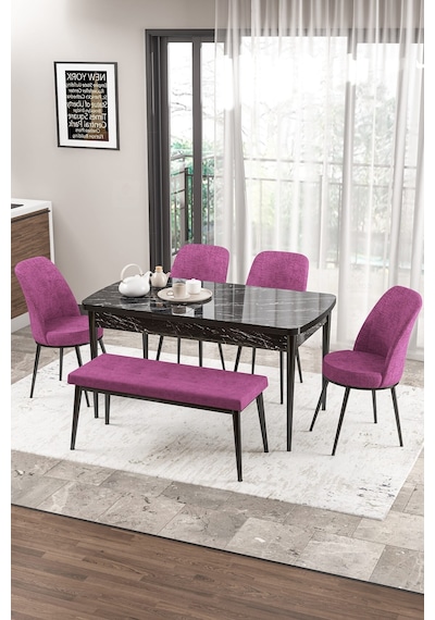 Canisa Concept Zen Serisi 80x132 Mdf Açılabilir Siyah Mermer Desen Masa Takımı 4 Mor Sandalye Ve 1 Bench Masa Siyah Mermer Sandalye Ve Bench Mor Canisa Concept Zen Serisi 80x132 Mdf Açılabilir Siyah Mermer Desen Masa Takımı 4 Mor Sandalye Ve 1 Bench Masa Siyah Mermer Sandalye Ve Bench Mor