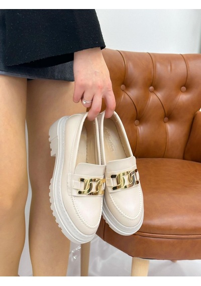 Erva'nın Butiği Bej Cilt Edith Zincir Detay Kadın Loafer-5079