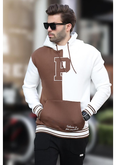 Madmext Ekru Renk Bloklu Kapüşonlu Baskılı Erkek Sweatshirt 7078 Ekru