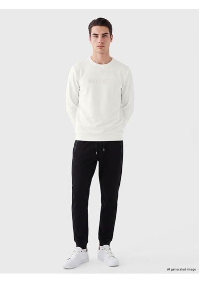 Lcwaıkıkı Classic Beyaz Bisiklet Yaka Kabartma Baskılı Erkek Sweatshirt