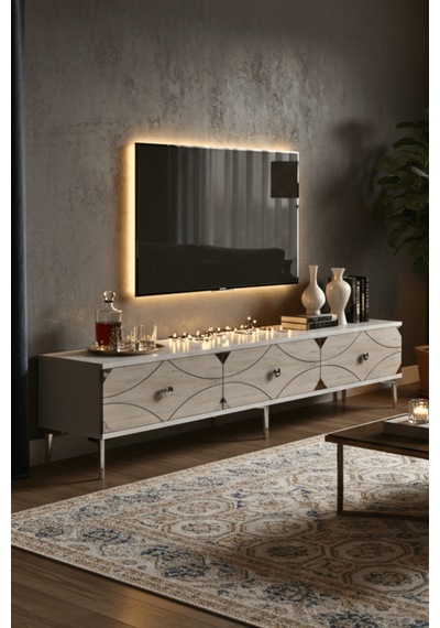 Tsa1897bts - Alfa Tsa180 Tv Stand, Tv Sehpası Ve Tv Ünitesi Beyaz - Traverten - Sılver 180cm