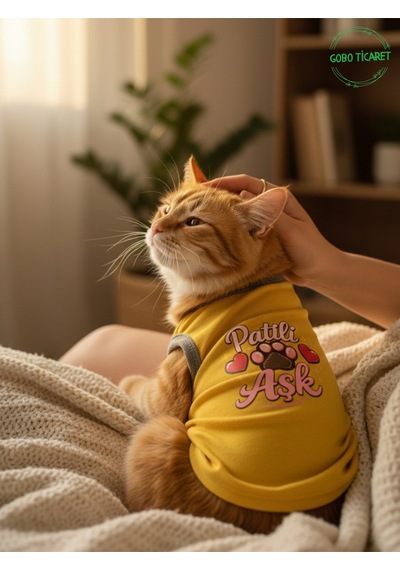 Sarı Renkli Patili Aşk Baskılı Kedi Ve Köpek Kıyafeti Tişörtü Elbisesi Medium/m/beden 2