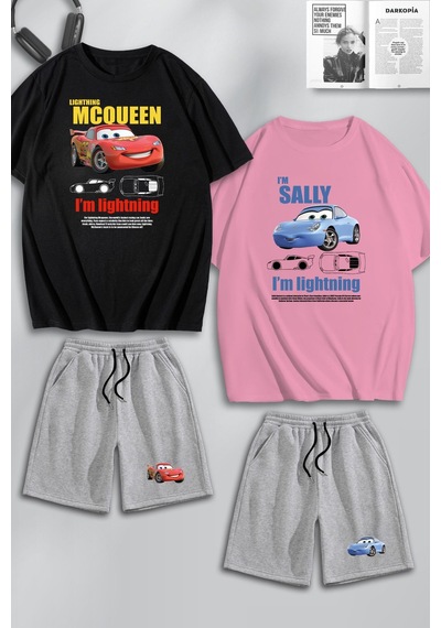 Unisex Kadın Erkek I'm Sally & Mcqueen Baskılı Sevgili Çift Kombini Tasarım Oversize T Shirt Ve Şort Siyah Pembe Gri Mck0444 Çok Renkli