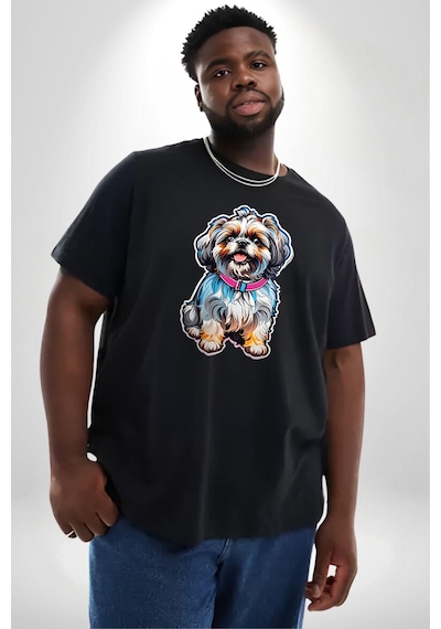 Angemiel Shih Tzu Renkli Köpek Siyah Büyük Beden Erkek Kadın Unisex Basic Ön Baskılı Tişört Siyah