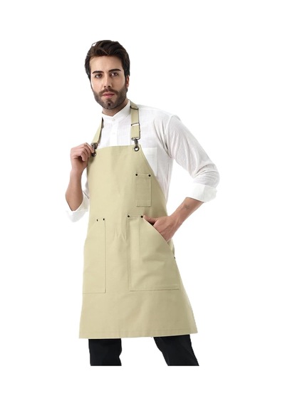 Barista Boyundan Askılı Önlük Kanguru Cepli - Bej Çok Renkli