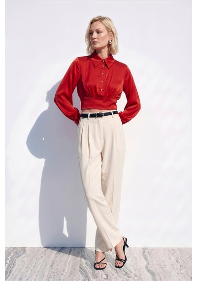 Sateen Düğme Detaylı Saten Bluz - Kırmızı-137517