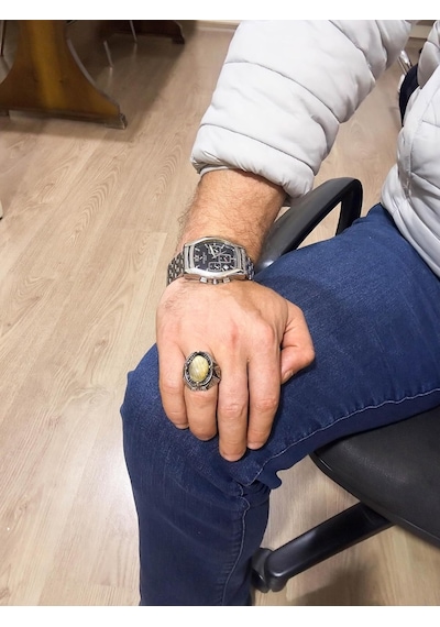 925 Ayar Katı Gümüş Erkek Yüzük - Gerçek Doğal Cabochon Altın Rutilat Kuvars Taş Yüzük Gümüş
