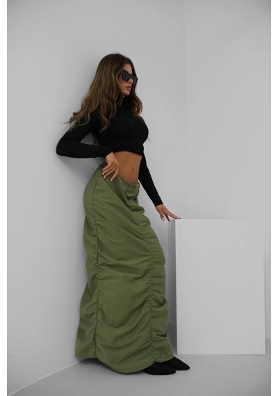 Defymoda Büzgü Detay Maxi Etek Haki