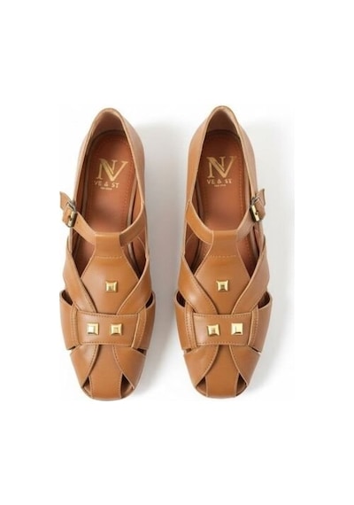 Ne&ve Shoes Taba Deri Aksesuar Detaylı Tokalı Kadın Sandalet
