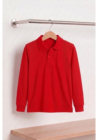 Nacar Store Unisex Çocuk Uzun Kollu Polo Yaka Lakost Okul Tişörtü Kırmızı