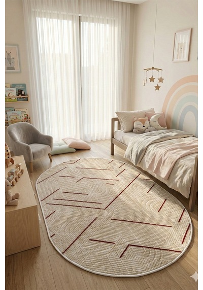 Modern Oval Halı Bambu Dokulu Kaymaz Taban Yumuşak Salon Yatak Odası Halısı Mürdüm 5000