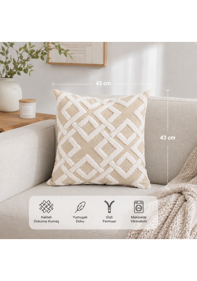 Maze 43x43 Cm Dekoratif Kırlent Kılıfı Geometrik Dokulu Modern Koltuk Yastık Kılıfı Bej