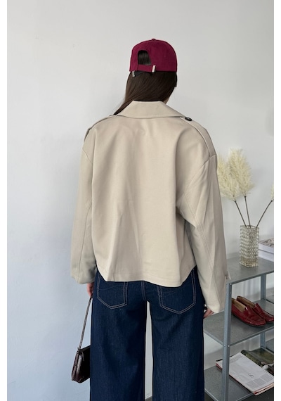 Jee Lee Kadın Gömlek Yaka Düğmeli Kısa Trençkot Taş - 27k 3056