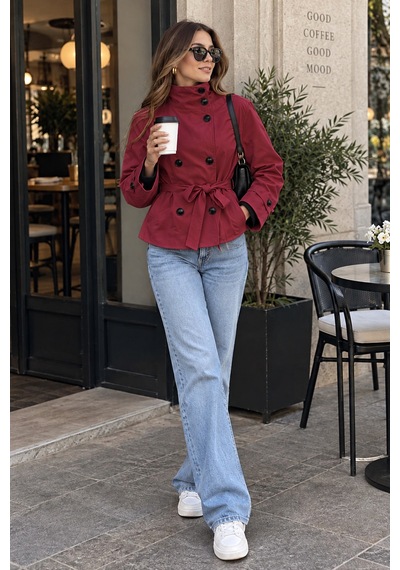 Unika Boutique Kadın Dik Yaka Kuşaklı Kısa Trençkot Çok Renkli