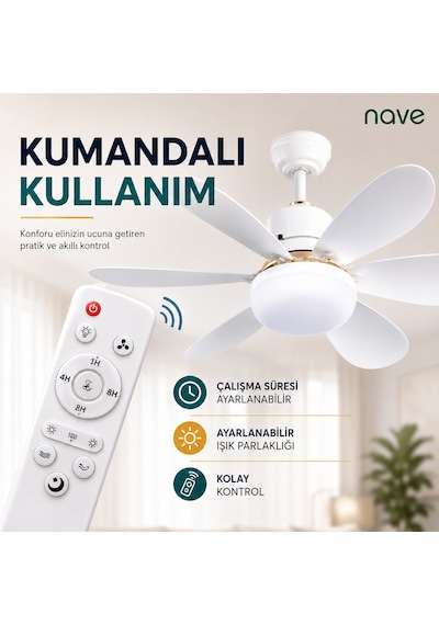 Nave Nv-tv10 Işıklı Tavan Vantılatoru 6 Kanat Beyaz