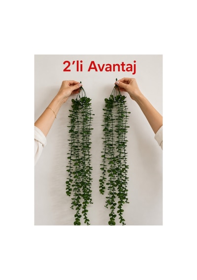 2'li Yapay Çiçek Sekiz Dallı Yeşil Okaliptus Saksısız Uzun Sarkıt Yeşil Yeşil