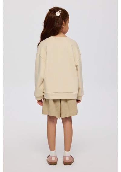 Panço Kız Çocuk Çiçek Motifli Sweatshirt Krem